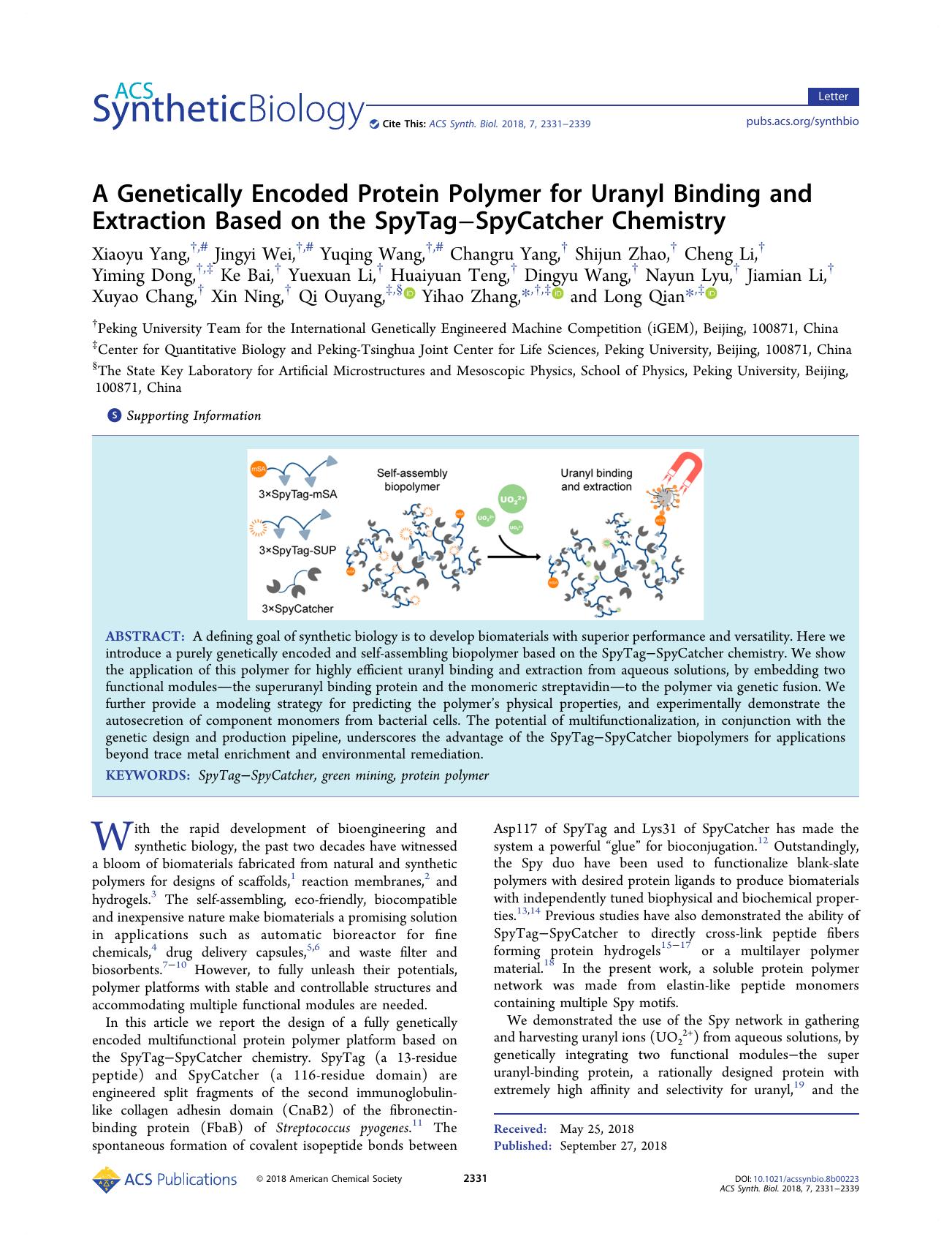 A Genetically Encoded Protein Polymer for Uranyl Binding and Extraction Based on the SpyTagâSpyCatcher Chemistry by unknow