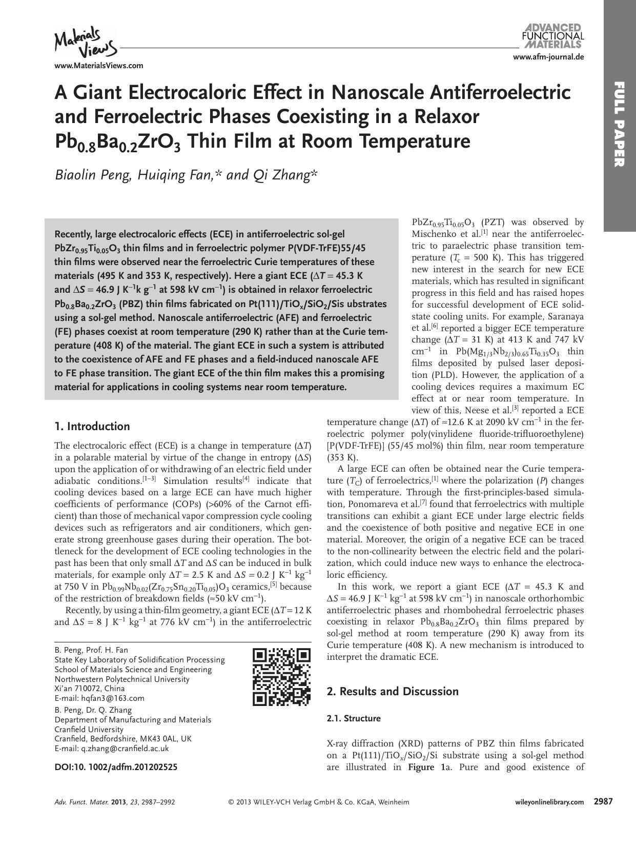 A Giant Electrocaloric Effect in Nanoscale Antiferroelectric and Ferroelectric Phases Coexisting in a Relaxor Pb0.8Ba0.2ZrO3 Thin Film at Room Temperature by wbpm