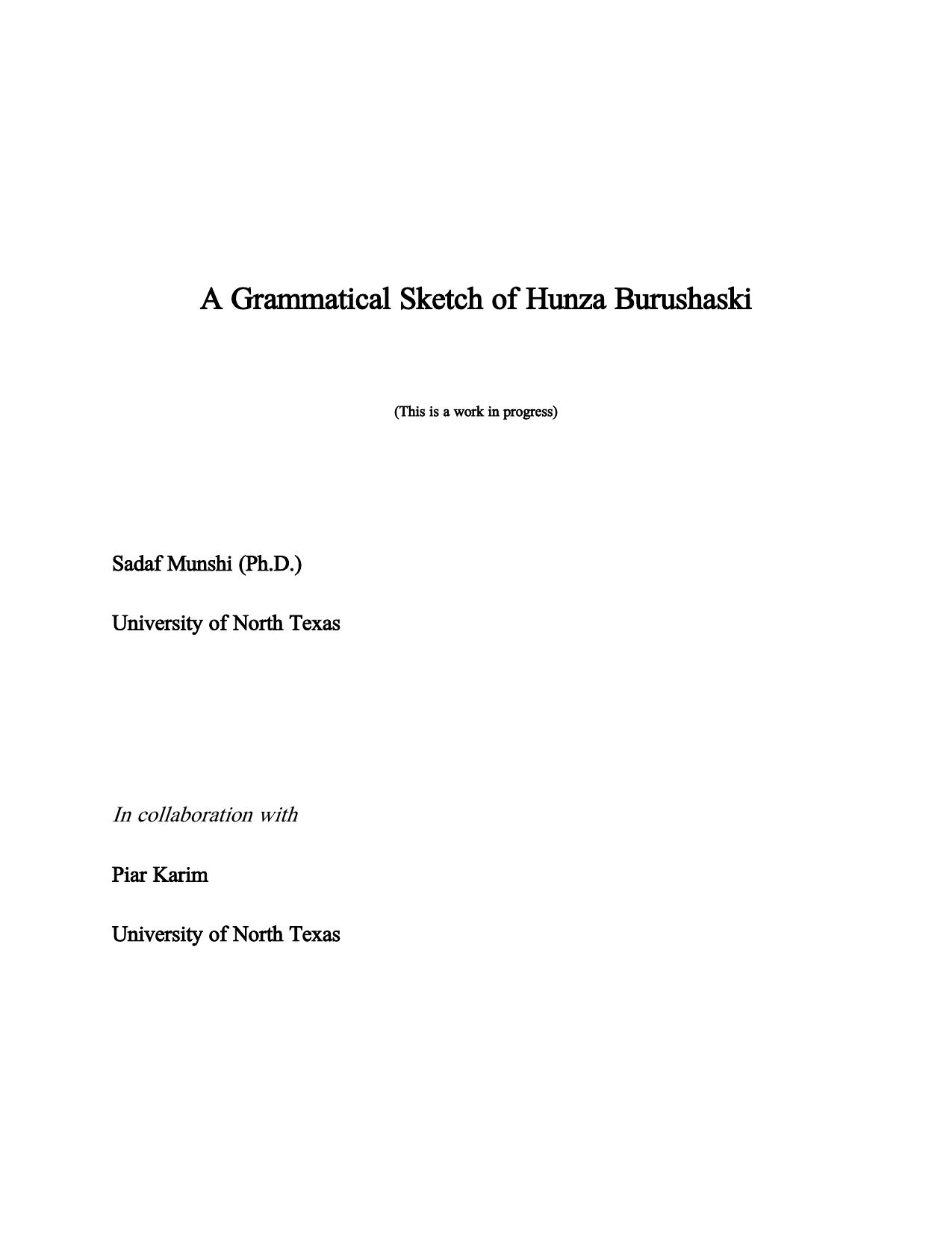 A Grammatical Sketch of Hunza Burushaski by Sadaf Munshi Piar Karim