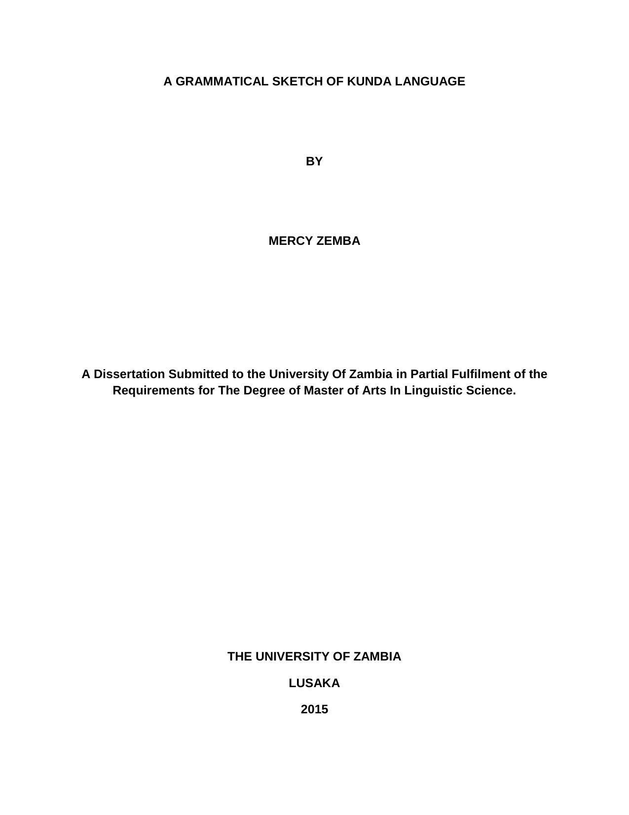 A Grammatical Sketch of KUnda Language by Mercy Zemba