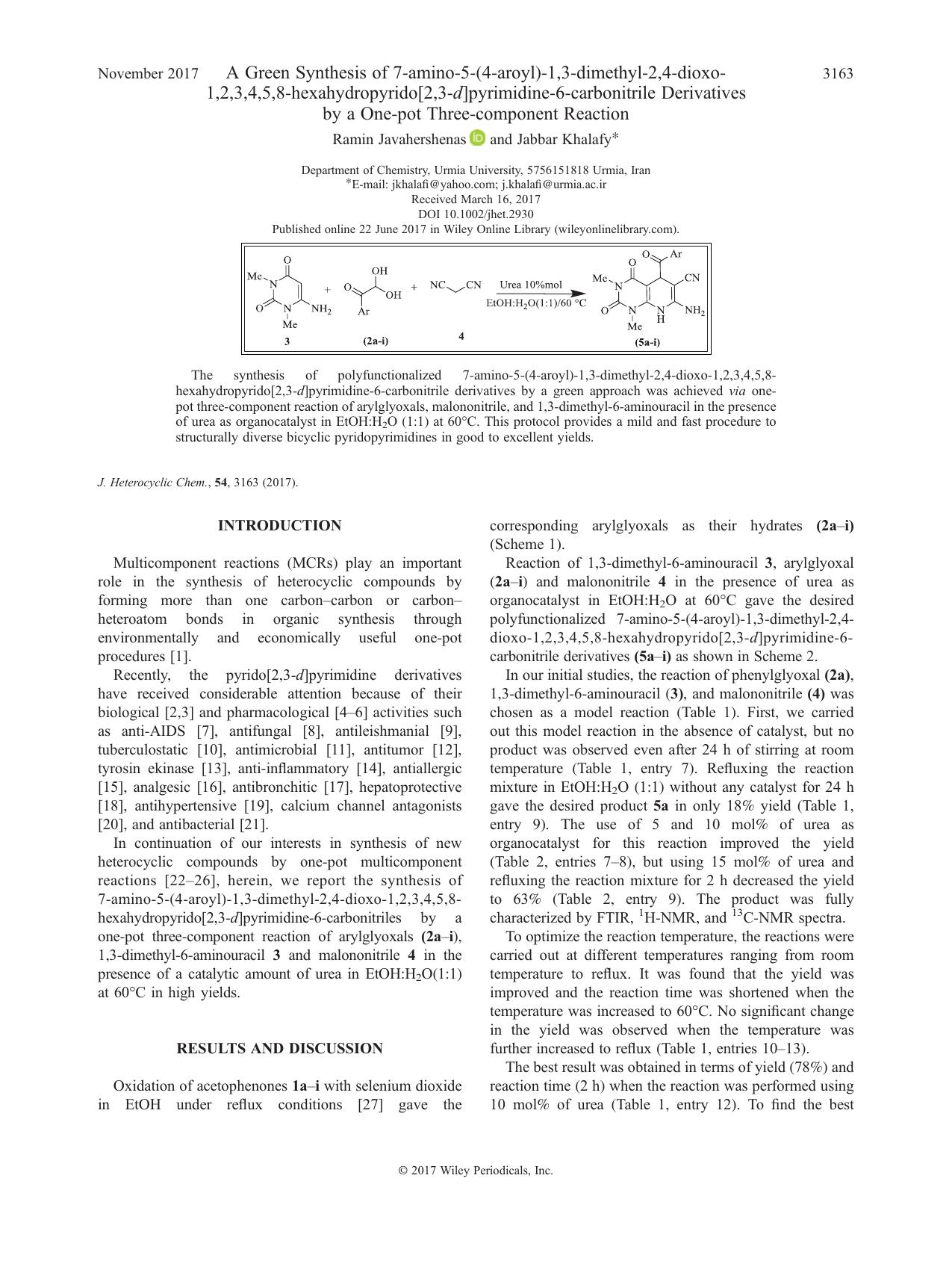 A Green Synthesis of 7-amino-5-(4-aroyl)-1,3-dimethyl-2,4-dioxo-1,2,3,4,5,8-hexahydropyrido[2,3-d]pyrimidine-6-carbonitrile Derivatives by a One-pot Three-component Reaction by Ramin Javahershenas & Jabbar Khalafy
