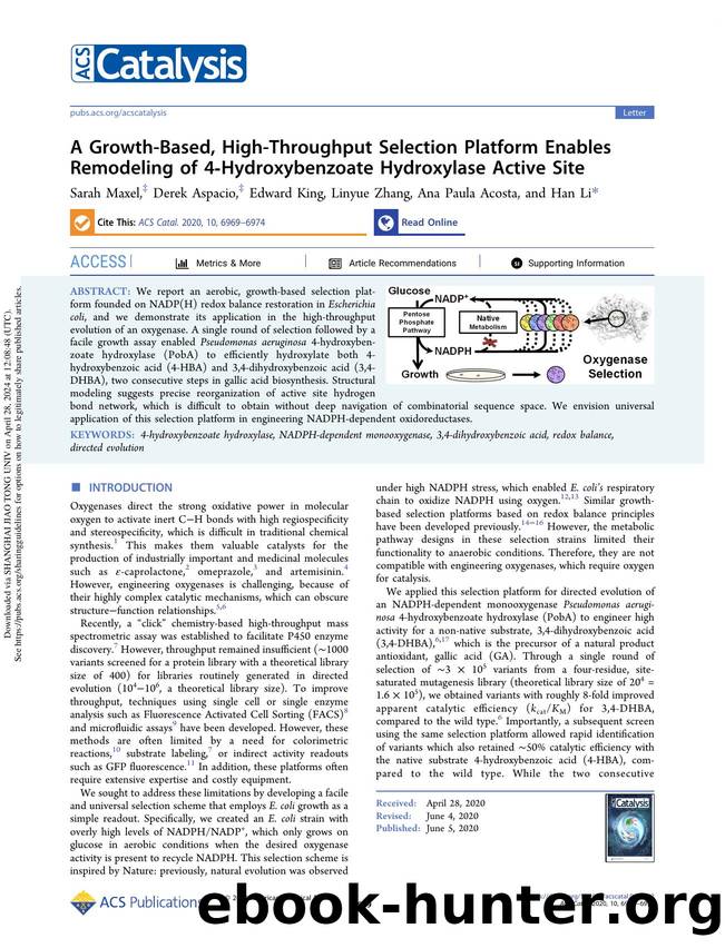 A Growth-Based, High-Throughput Selection Platform Enables Remodeling of 4-Hydroxybenzoate Hydroxylase Active Site by Sarah Maxel Derek Aspacio Edward King Linyue Zhang Ana Paula Acosta & Han Li