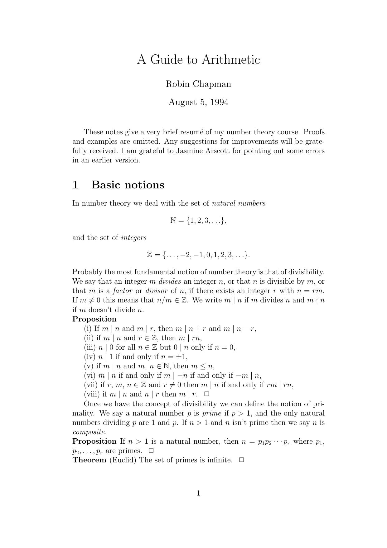 A Guide to Arithmetic [Lecture notes] by Robin Chapman