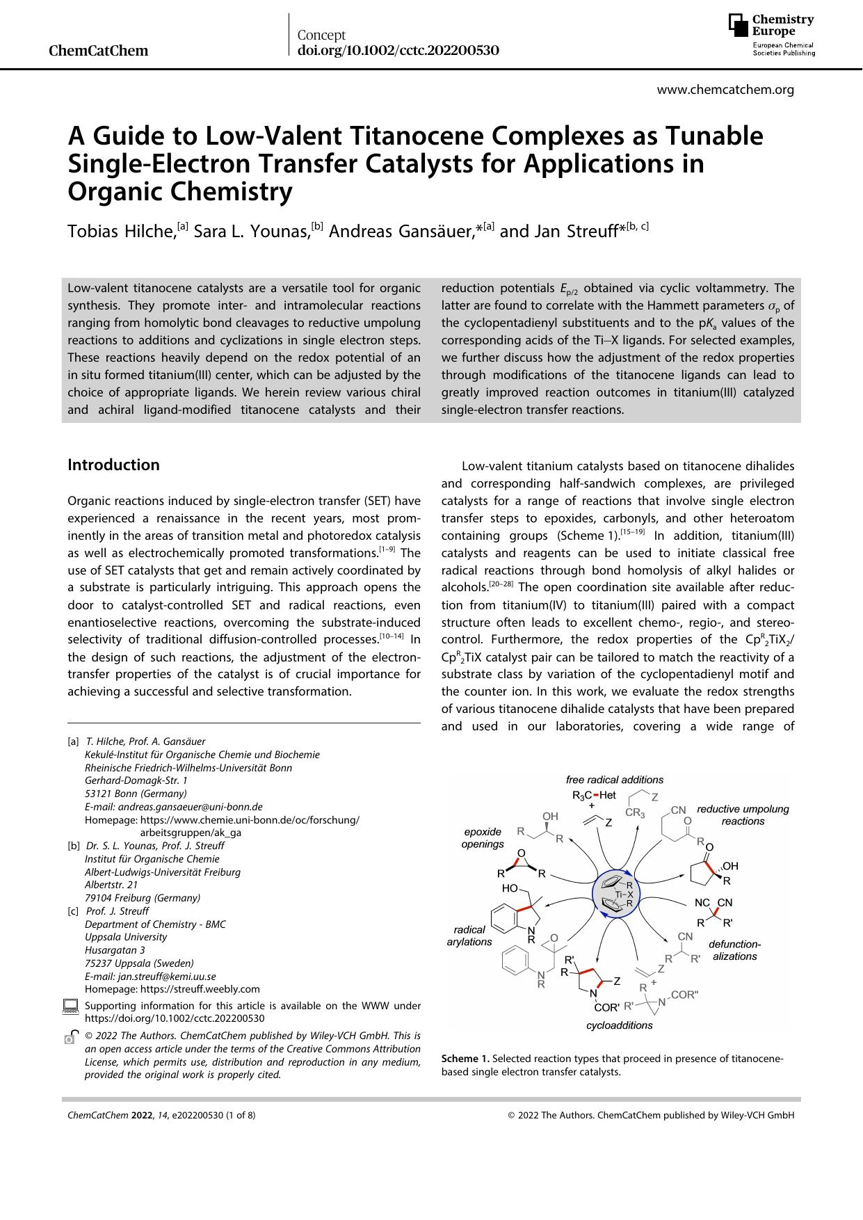 A Guide to LowâValent Titanocene Complexes as Tunable SingleâElectron Transfer Catalysts for Applications in Organic Chemistry by Unknown