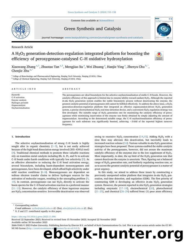 A H2O2 generation-detection-regulation integrated platform for boosting the efficiency of peroxygenase-catalysed C-H oxidative hydroxylation by Xiaowang Zhang & Zhuotao Tan & Mengjiao Xu & Wei Zhuang & Hanjie Ying & Zhenyu Chu & Chenjie Zhu