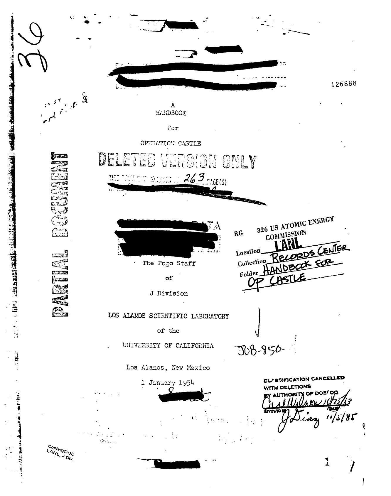 A HANDBOOK FOR OPERATION CASTLE (PARTIAL) (DELETED) by UNK OGLE W E