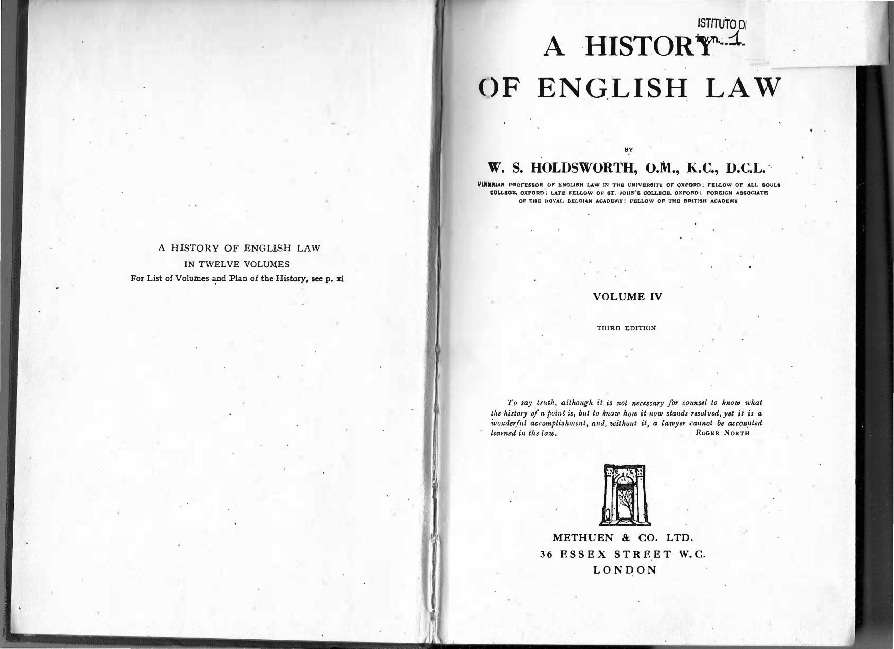 A HISTORY OF ENGLISH LAW VOLUME IV by HOLDSWORTH