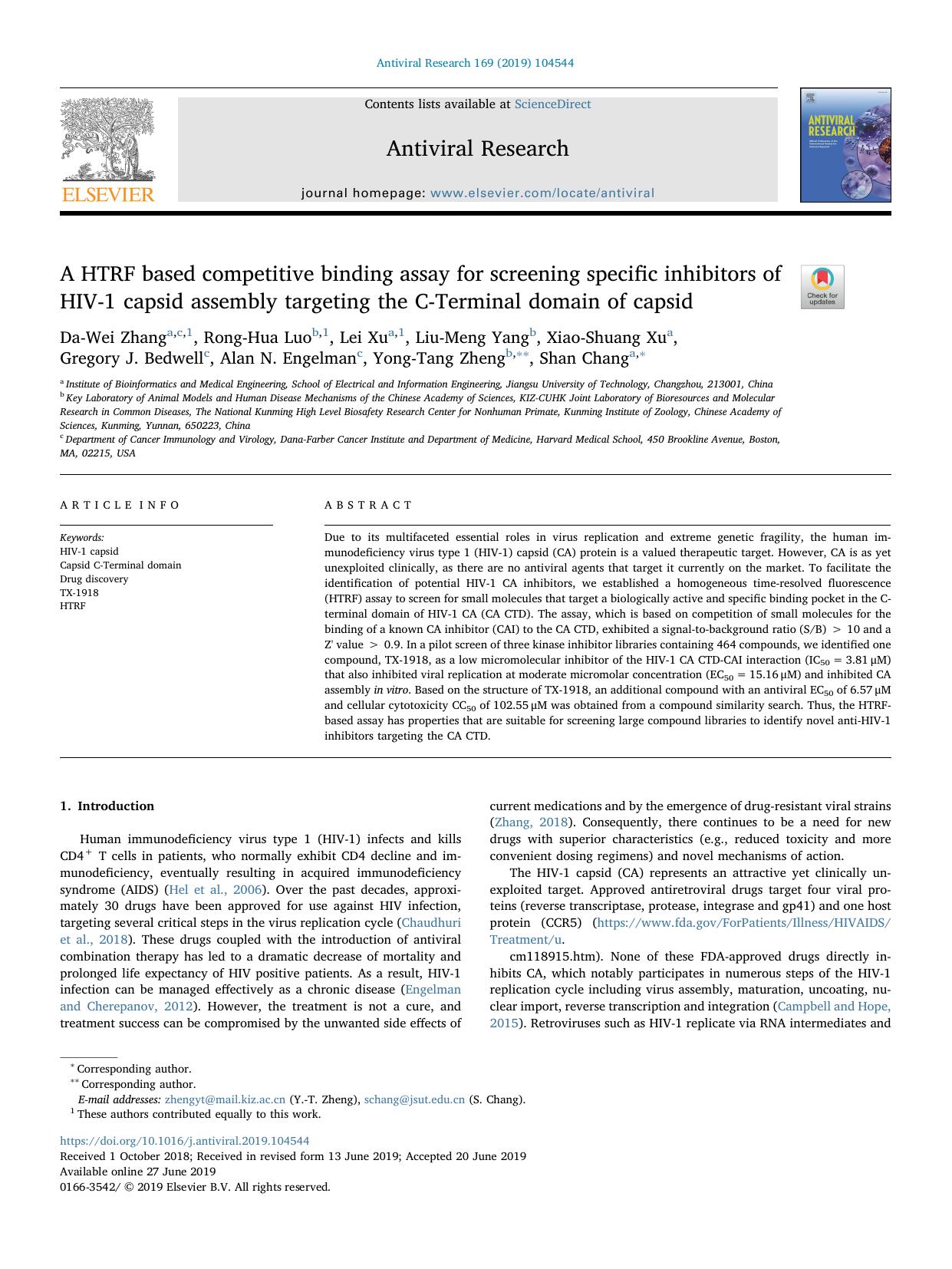 A HTRF based competitive binding assay for screening specific inhibitors of HIV-1 capsid assembly targeting the C-Terminal domain of capsid by Da-Wei Zhang