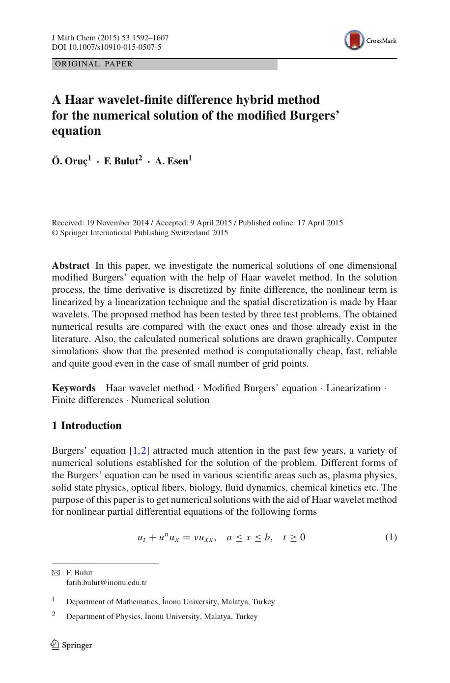 A Haar wavelet-finite difference hybrid method for the numerical solution of the modified Burgersâ equation by Ö. Oruç & F. Bulut & A. Esen