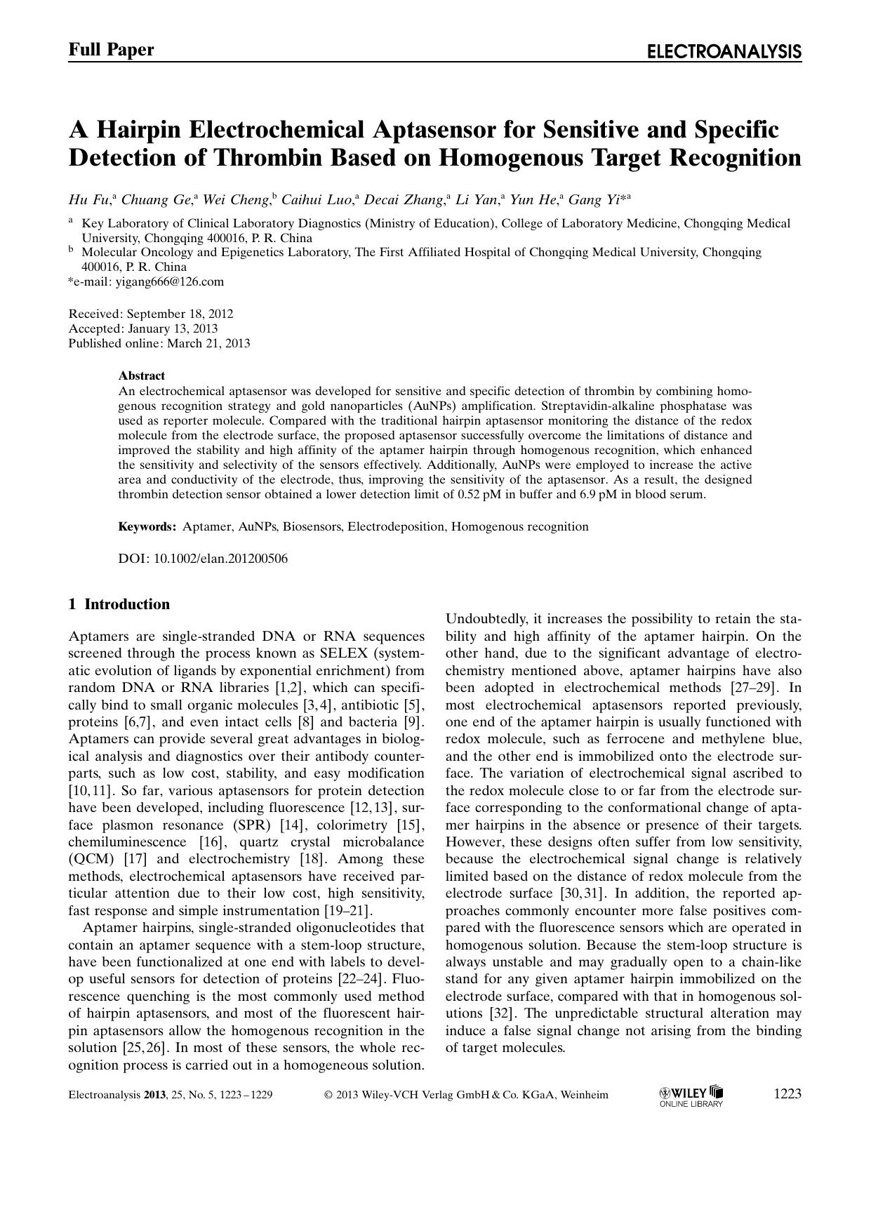 A Hairpin Electrochemical Aptasensor for Sensitive and Specific Detection of Thrombin Based on Homogenous Target Recognition by Unknown