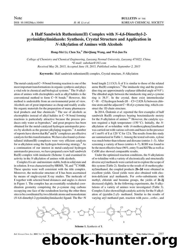 A Half Sandwich Ruthenium(II) Complex with N-4,6-Dimethyl-2-pyrimidinylimidazole: Synthesis, Crystal Structure and Application in N-Alkylation of Amines with Alcohols by Unknown