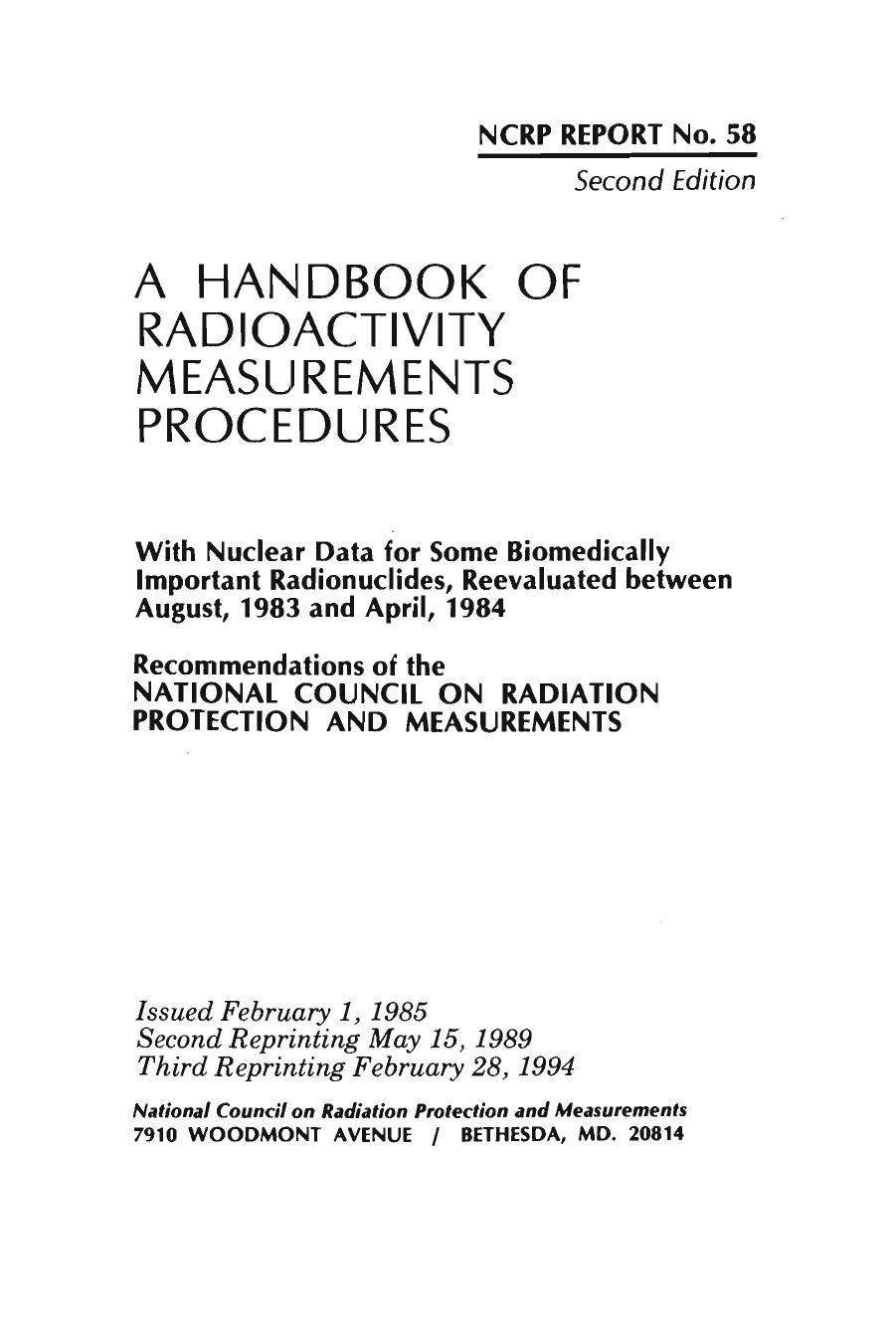 A Handbook of Radioactivity Measurements Procedures, 2nd edition by National Council on Radiation Protection and Measurements