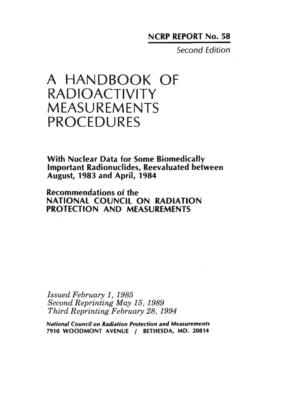A Handbook of Radioactivity Measurements Procedures: With Nuclear Data for Some Biomedically Important Radionuclides by National Council on Radiation Protection and Measurements