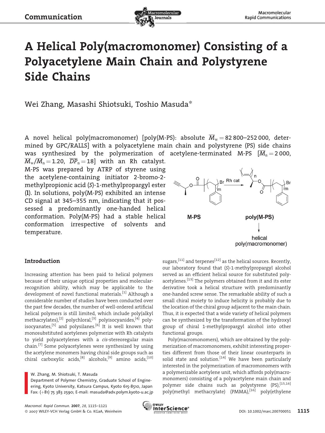 A Helical Poly(macromonomer) Consisting of a Polyacetylene Main Chain and Polystyrene Side Chains by Unknown