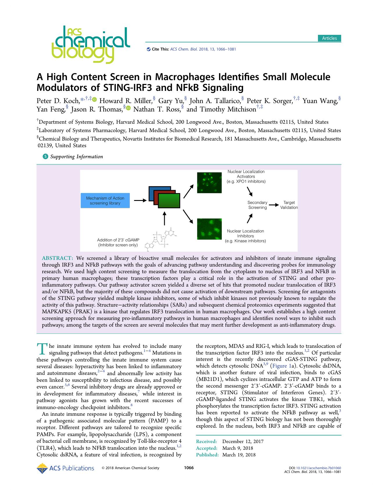 A High Content Screen in Macrophages Identifies Small Molecule Modulators of STING-IRF3 and NFkB Signaling by unknow