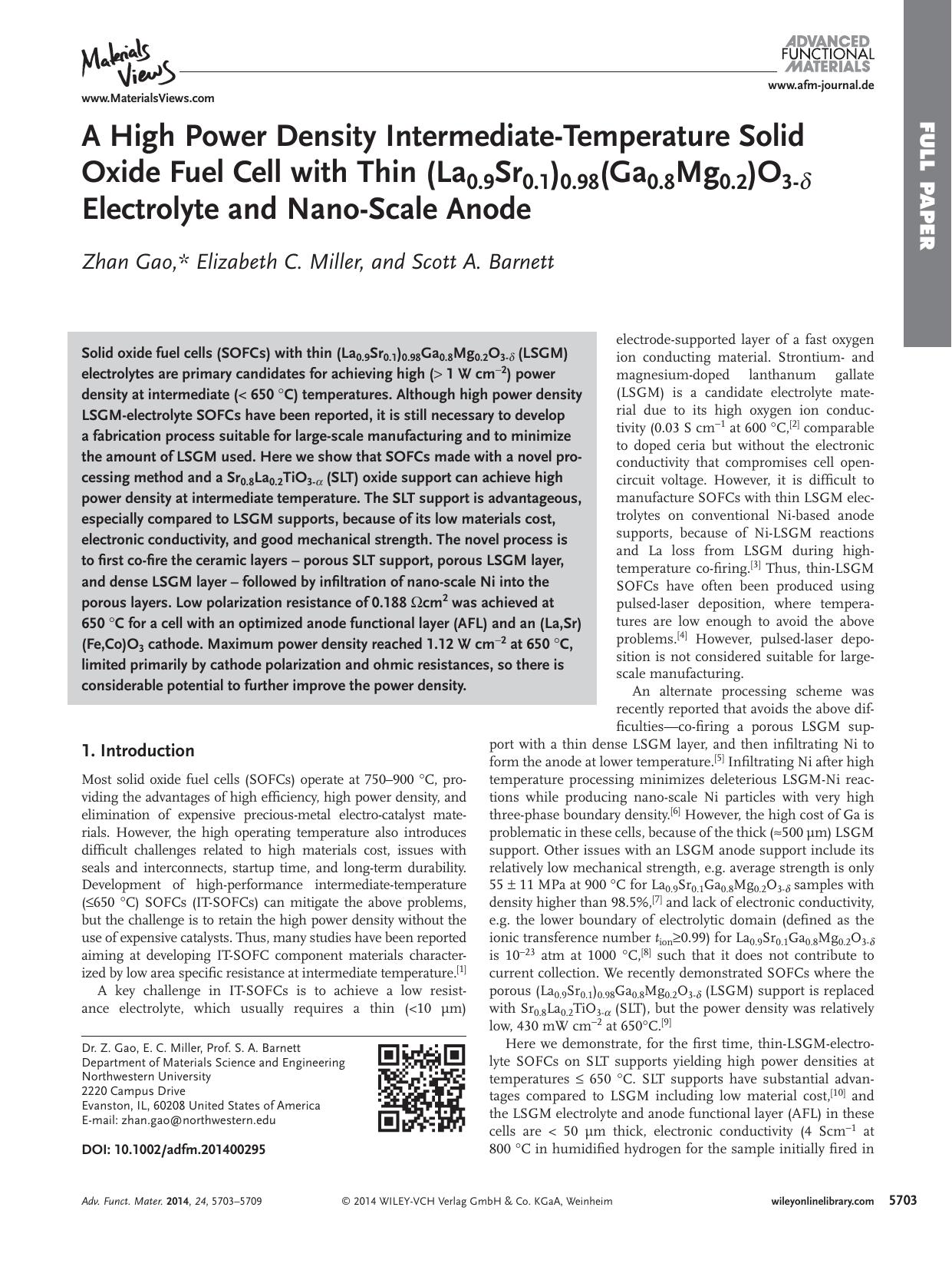 A High Power Density IntermediateTemperature Solid Oxide Fuel Cell with Thin (La0.9Sr0.1)0.98(Ga0.8Mg0.2)O3 Electrolyte and NanoScale Anode by processteam