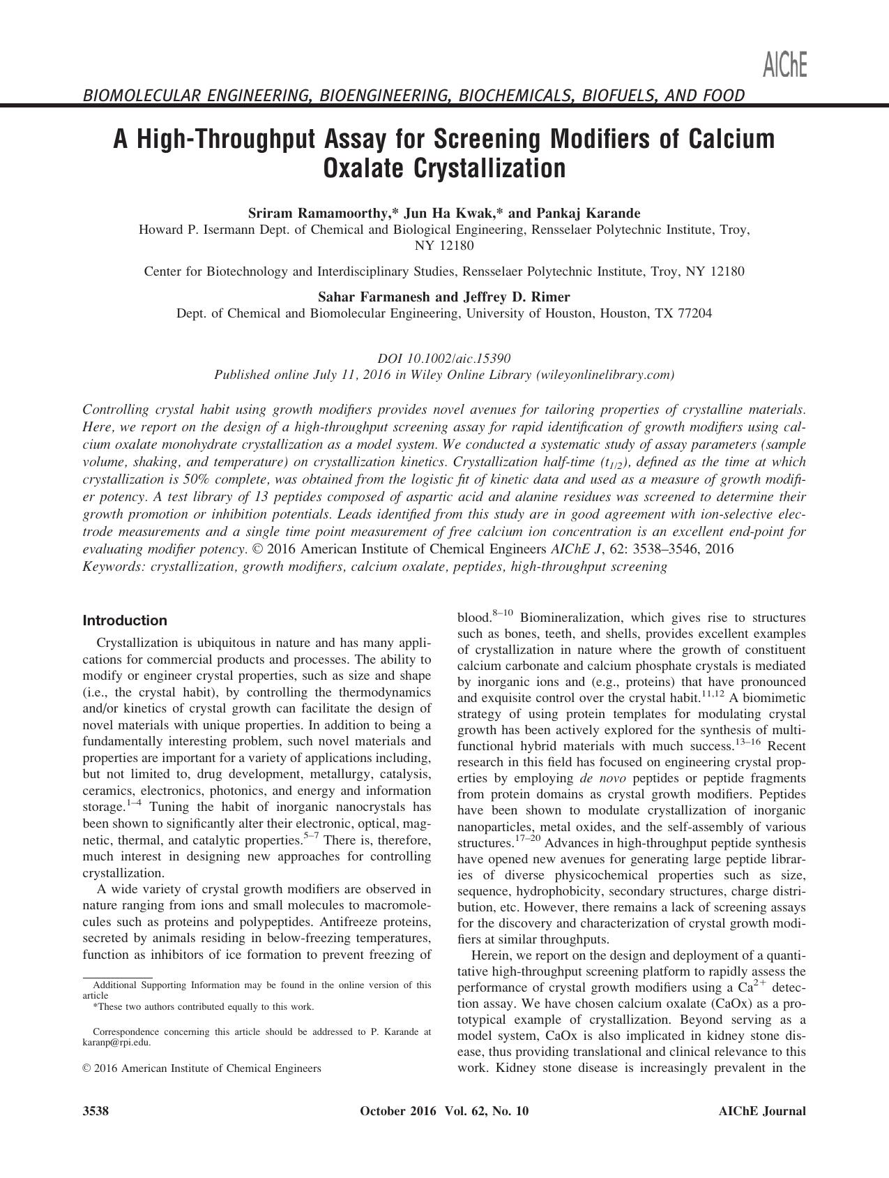 A High&#8208;Throughput Assay for Screening Modifiers of Calcium Oxalate Crystallization by Unknown