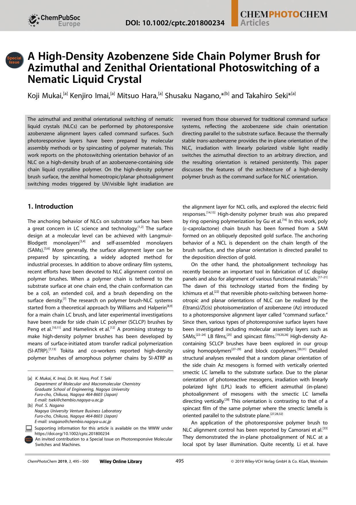 A HighâDensity Azobenzene Side Chain Polymer Brush for Azimuthal and Zenithal Orientational Photoswitching of a Nematic Liquid Crystal by Unknown