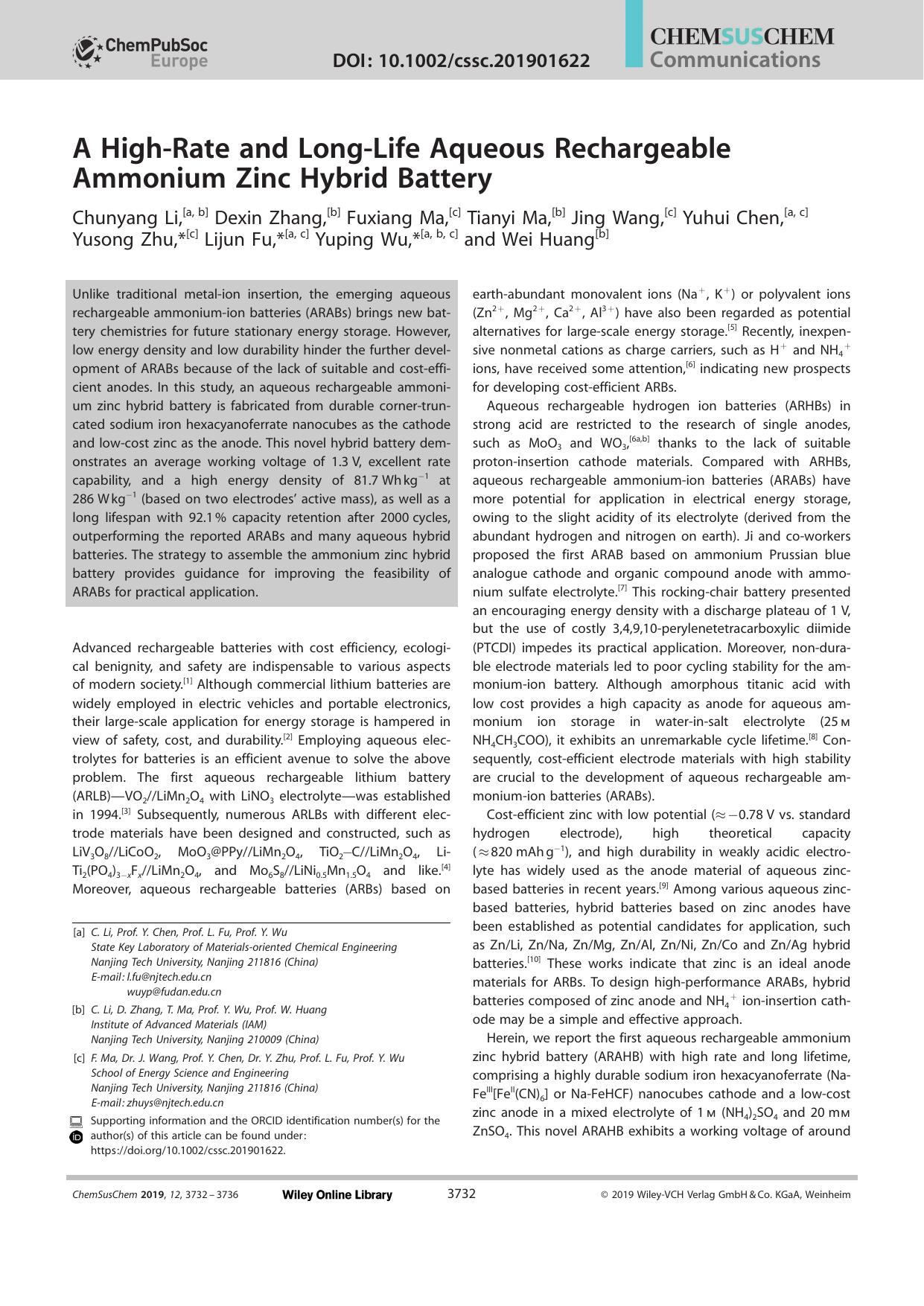 A HighâRate and LongâLife Aqueous Rechargeable Ammonium Zinc Hybrid Battery by Unknown
