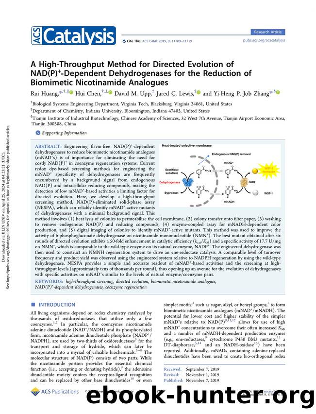 A High-Throughput Method for Directed Evolution of NAD(P)+-Dependent Dehydrogenases for the Reduction of Biomimetic Nicotinamide Analogues by Rui Huang Hui Chen David M. Upp Jared C. Lewis & Yi-Heng P. Job Zhang