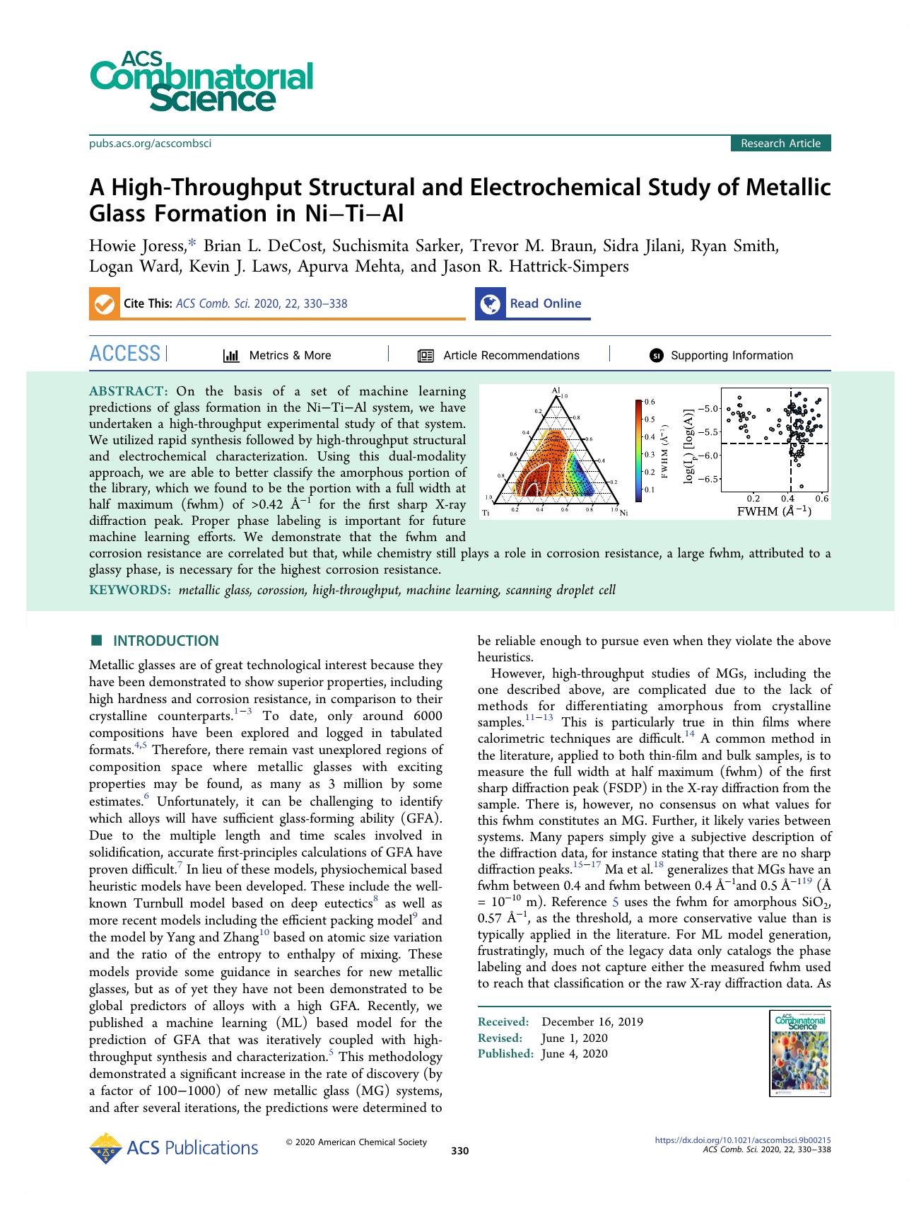 A High-Throughput Structural and Electrochemical Study of Metallic Glass Formation in NiâTiâAl by unknow