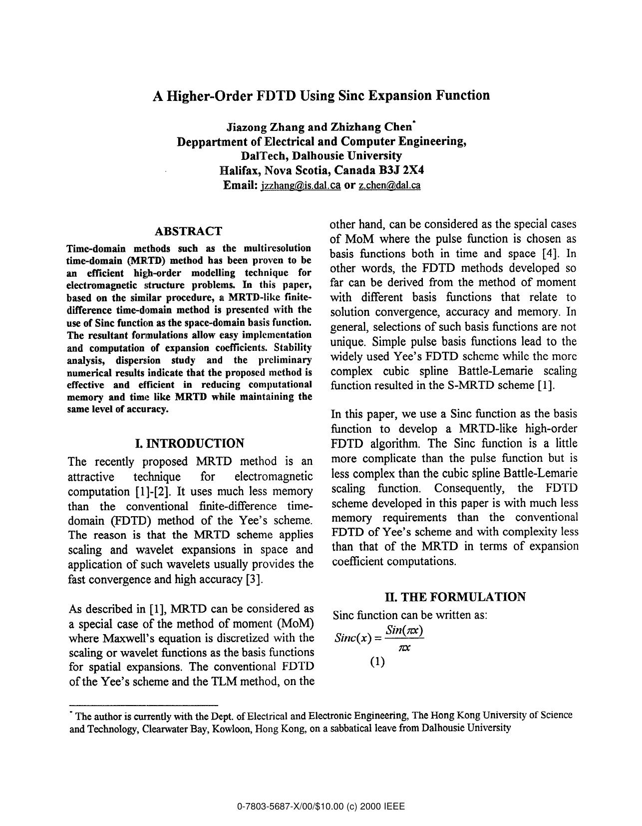 A Higher-Order FDTD Using Sinc Expansion Function by J. Zhang & Z. Chen