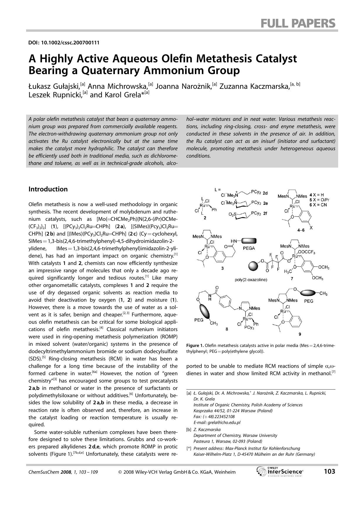 A Highly Active Aqueous Olefin Metathesis Catalyst Bearing a Quaternary Ammonium Group by Unknown