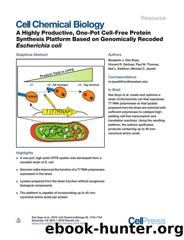 A Highly Productive, One-Pot Cell-Free Protein Synthesis Platform Based on Genomically Recoded Escherichia coli by Benjamin J. Des Soye & Vincent R. Gerbasi & Paul M. Thomas & Neil L. Kelleher & Michael C. Jewett