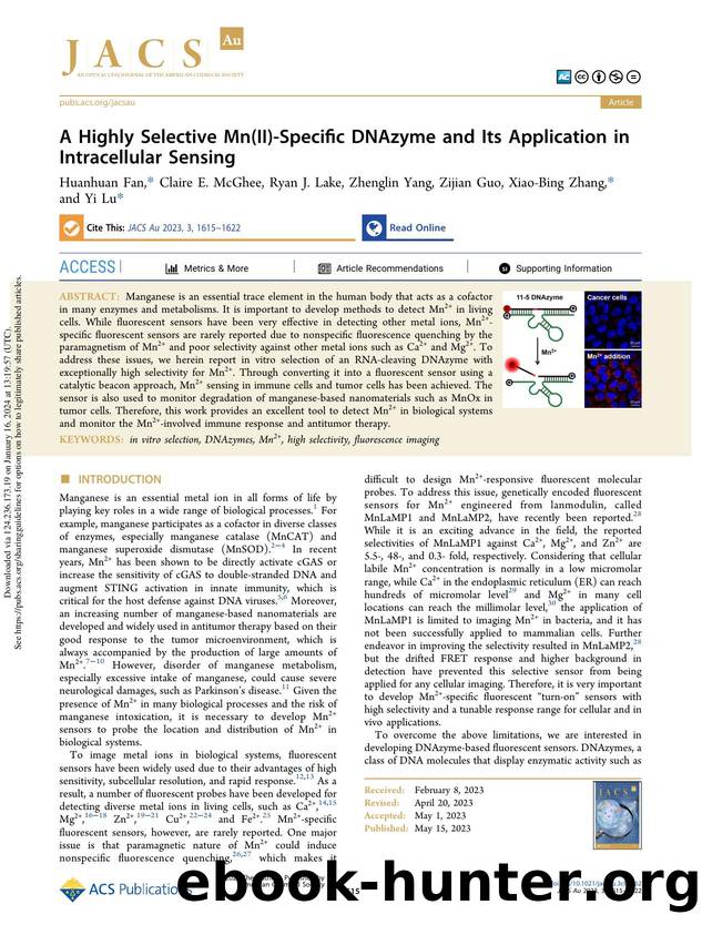 A Highly Selective Mn(II)-Specific DNAzyme and Its Application in Intracellular Sensing by Huanhuan Fan Claire E. McGhee Ryan J. Lake Zhenglin Yang Zijian Guo Xiao-Bing Zhang & Yi Lu