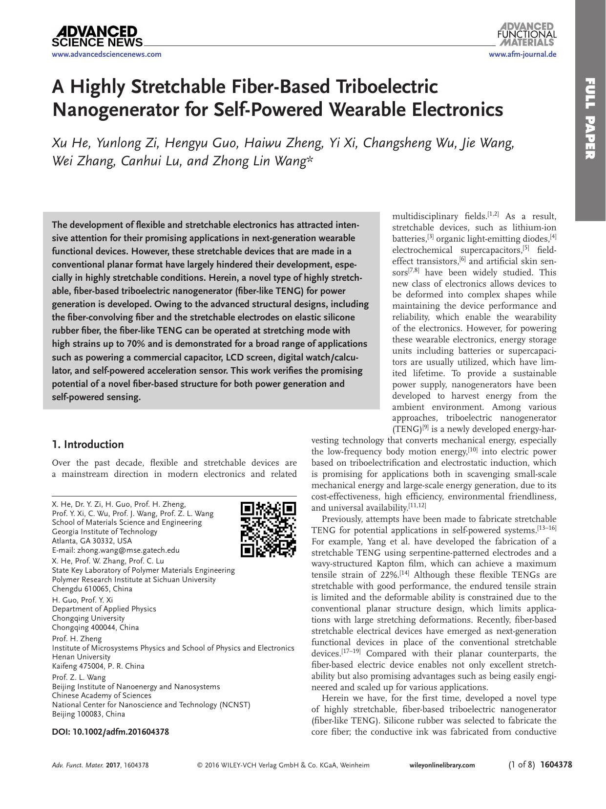A Highly Stretchable Fiber&#x02010;Based Triboelectric Nanogenerator for Self&#x02010;Powered Wearable Electronics by Unknown