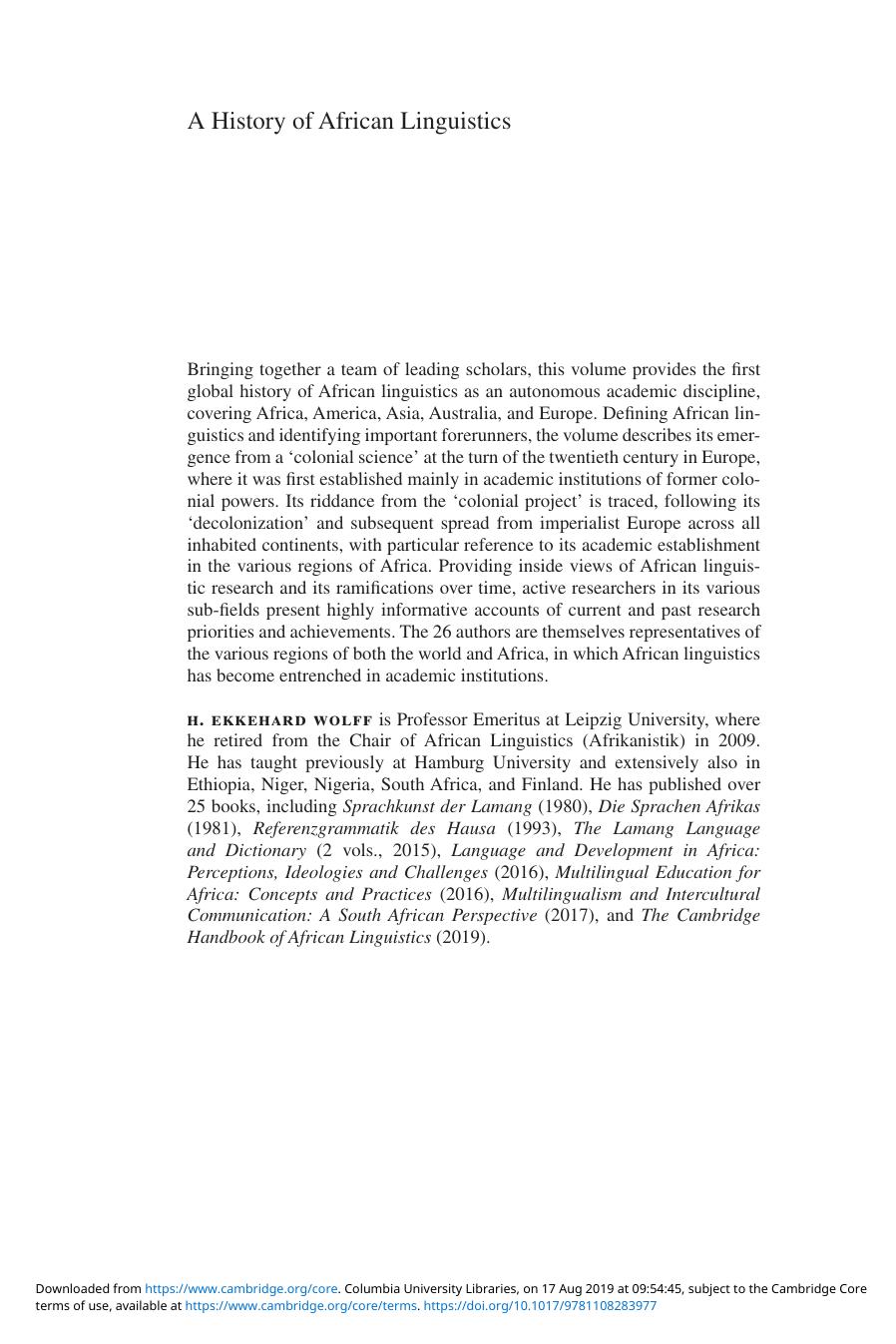 A History of African Linguistics by H Ekkehard Wolff