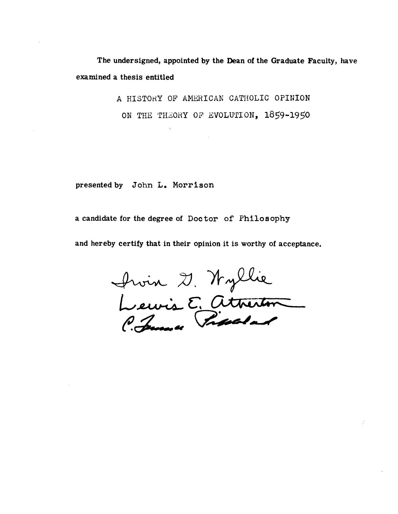 A History of American Catholic Opinion on the Theory of Evolution, 1859-1950 by Morrison John Lee