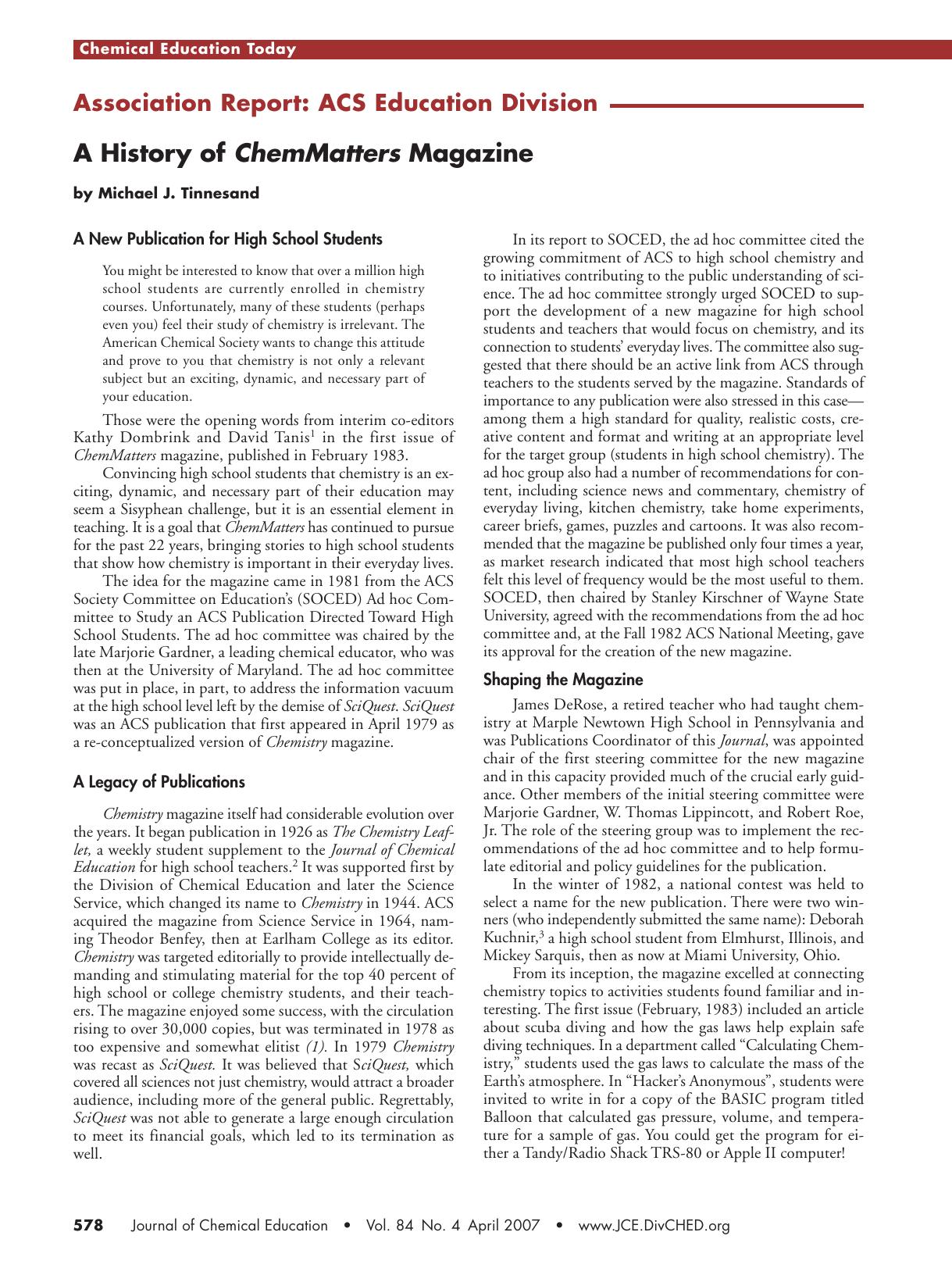 A History of ChemMatters Magazine by Michael J. Tinnesand