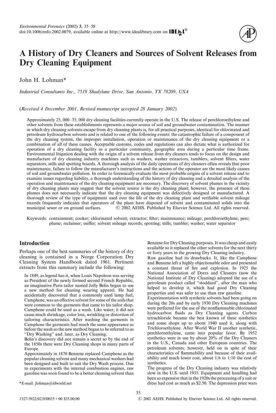 A History of Dry Cleaners and Sources of Solvent Releases from Dry Cleaning Equipment by Lohman J. H