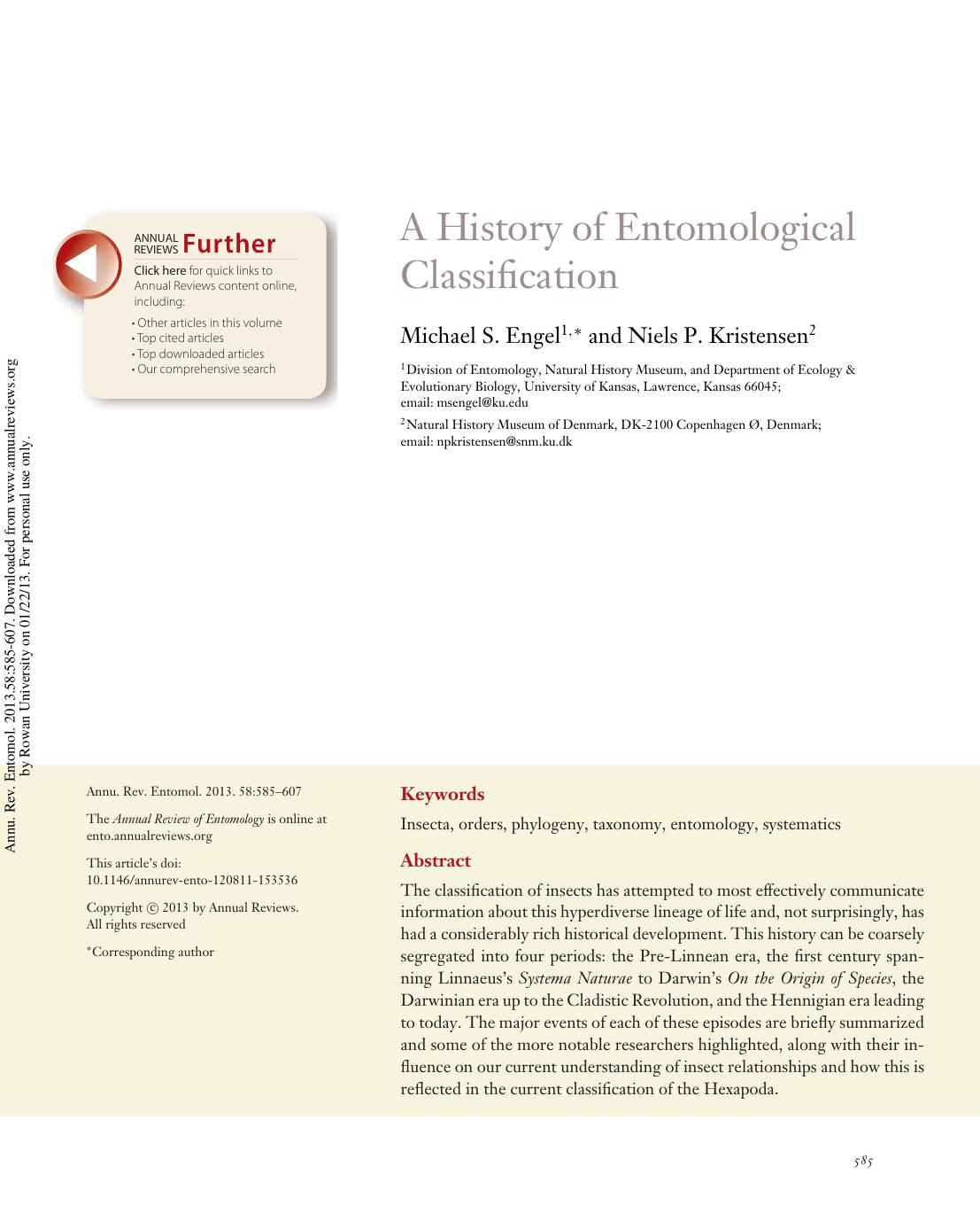 A History of Entomological Classification by Michael S. Engel & Niels P. Kristensen