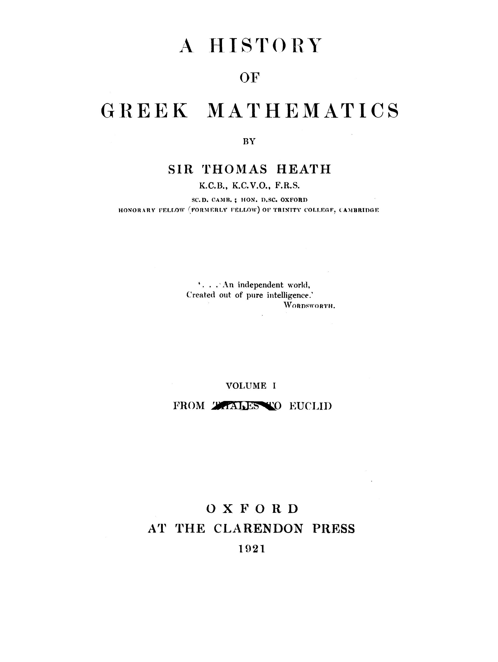 A History of Greek Mathematics, Vol1 by Unknown