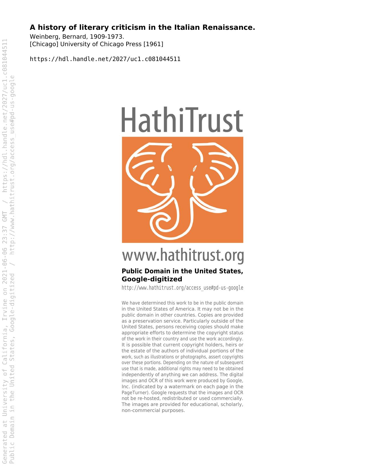 A History of Literary Criticism in the Italian Renaissance by Bernard Weinberg