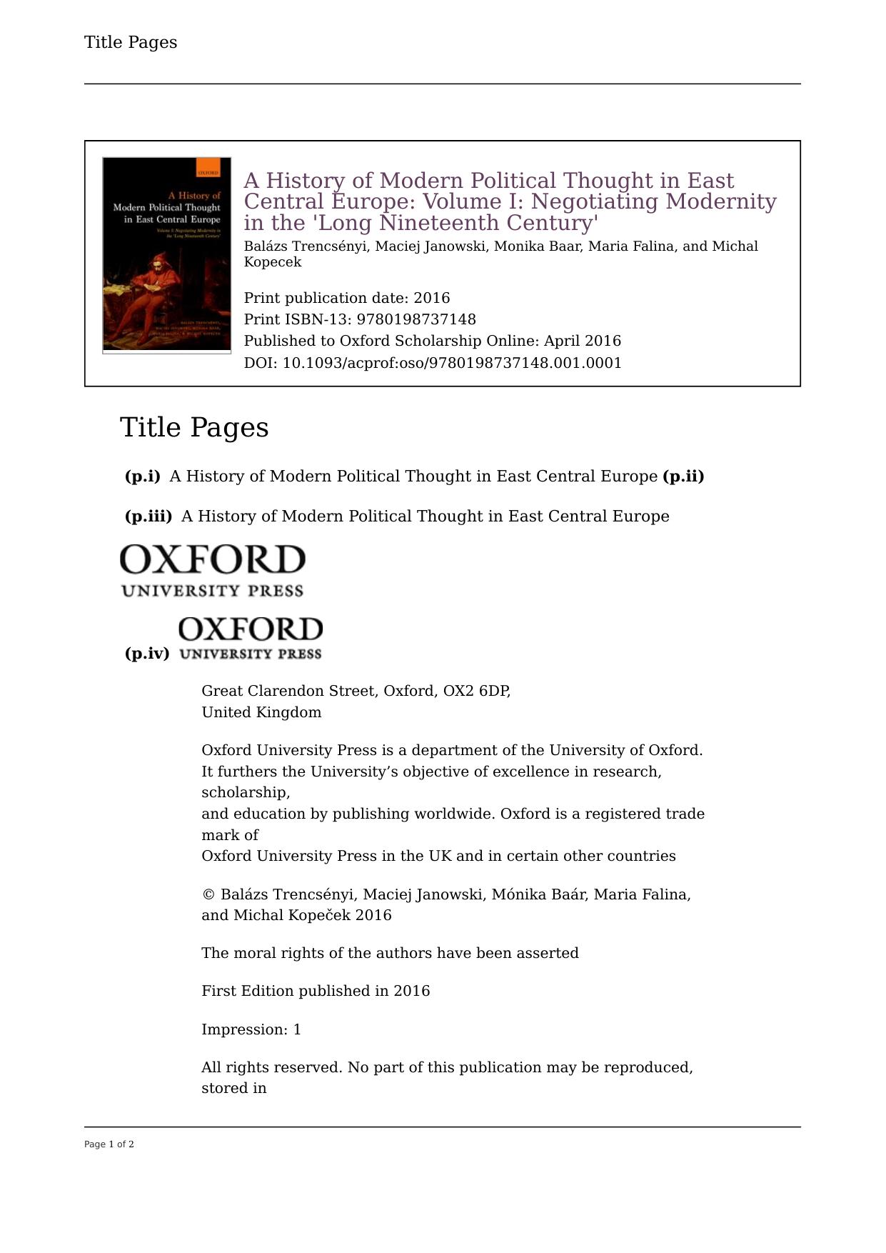 A History of Modern Political Thought in East Central Europe: Volume I by Unknow