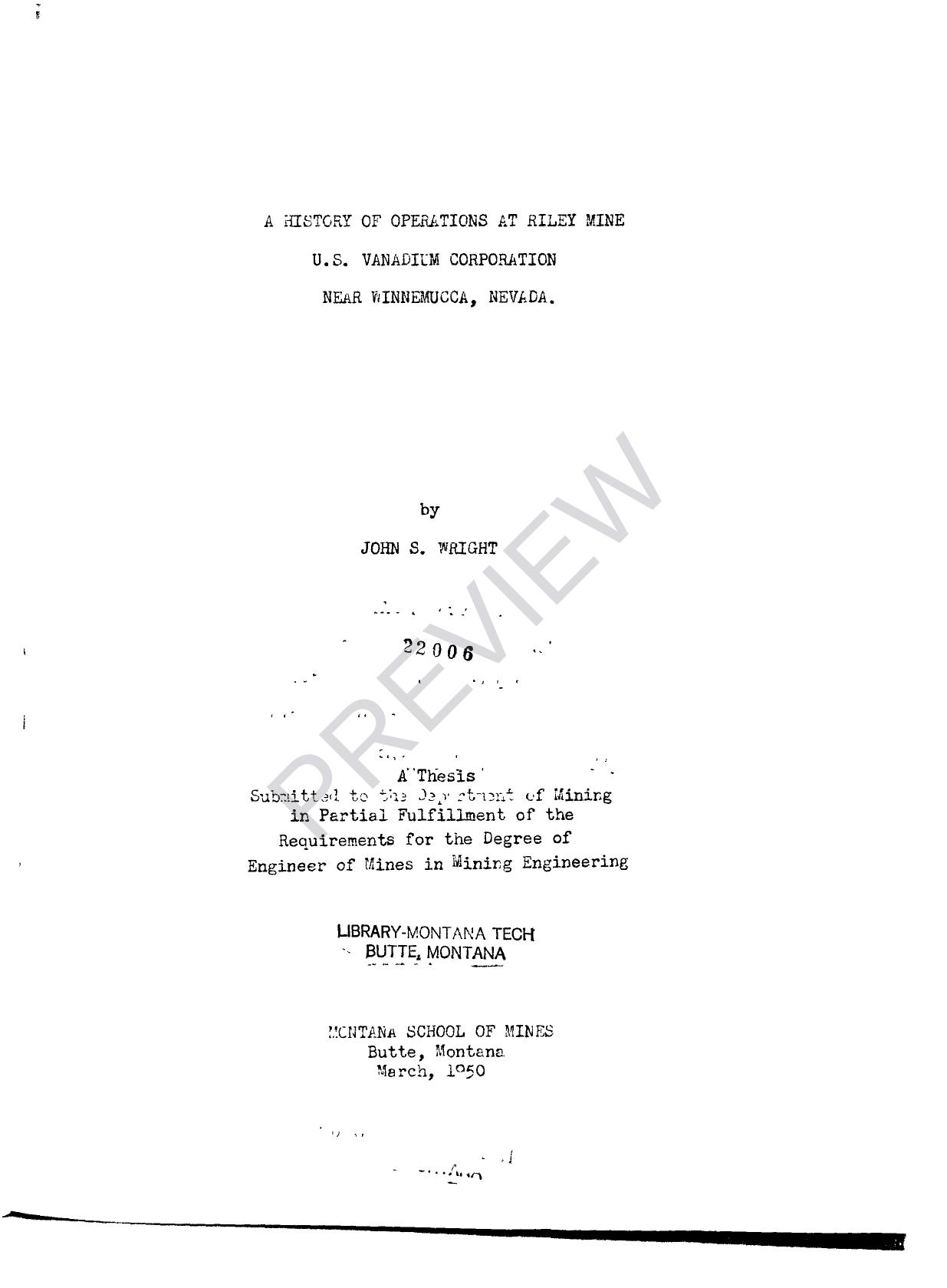 A History of Operations at Riley Mine U.S. Vanadium Corporation Near Winnemucca, Nevada by Wright John S