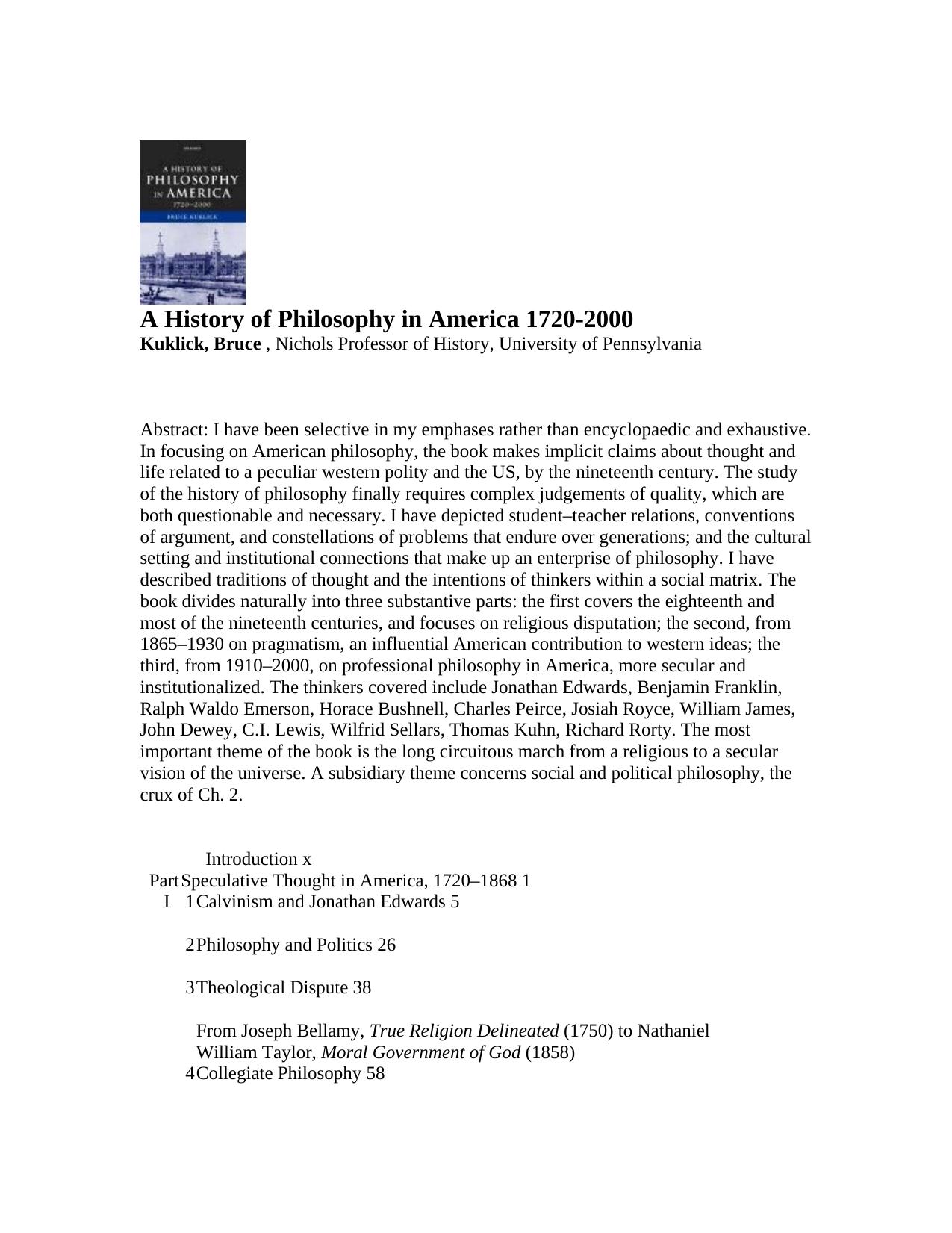 A History of Philosophy in America 1720-2000 by Kuklick Bruce