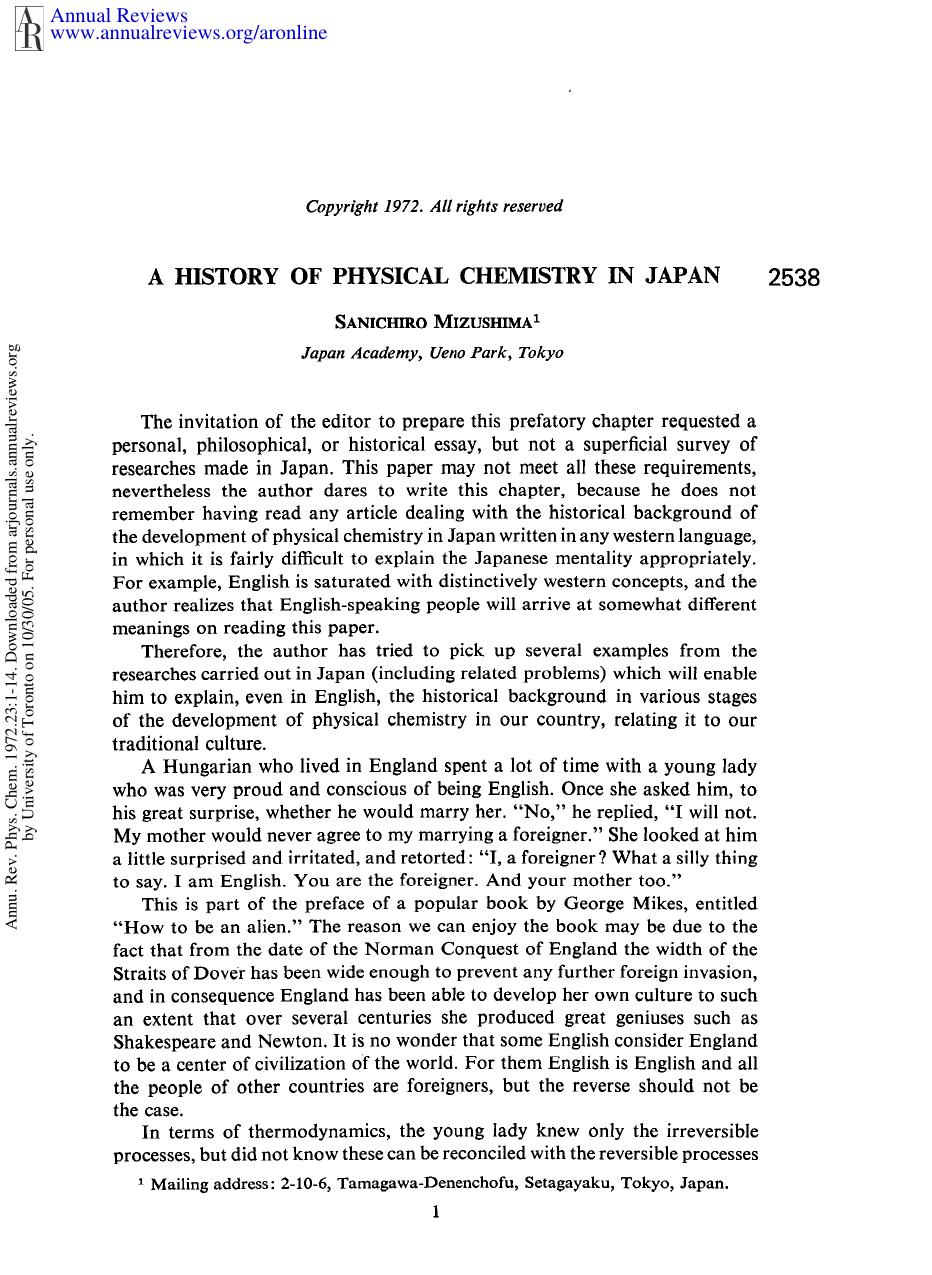 A History of Physical Chemistry in Japan by S Mizushima