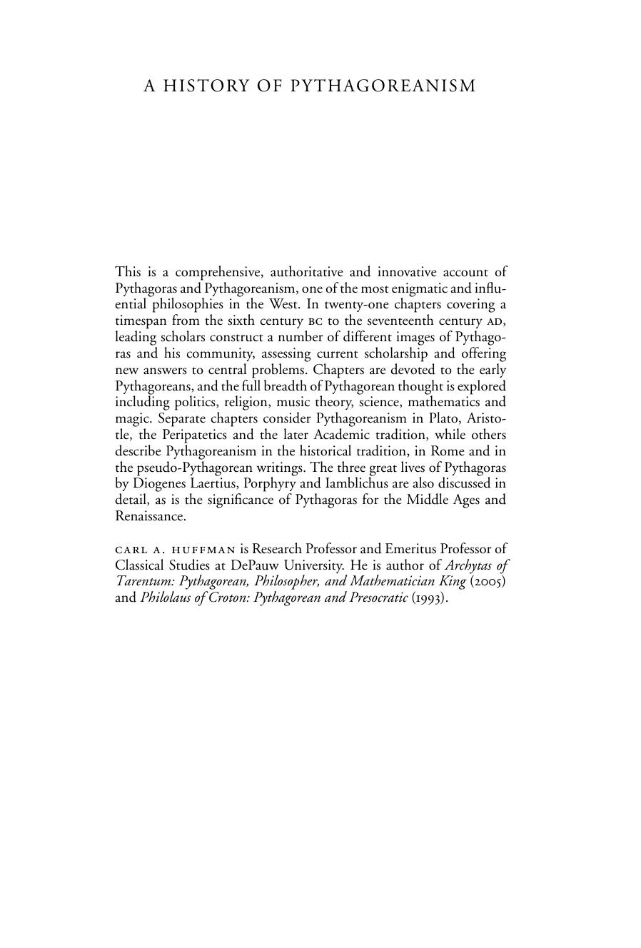 A History of Pythagoreanism by Professor Carl A. Huffman