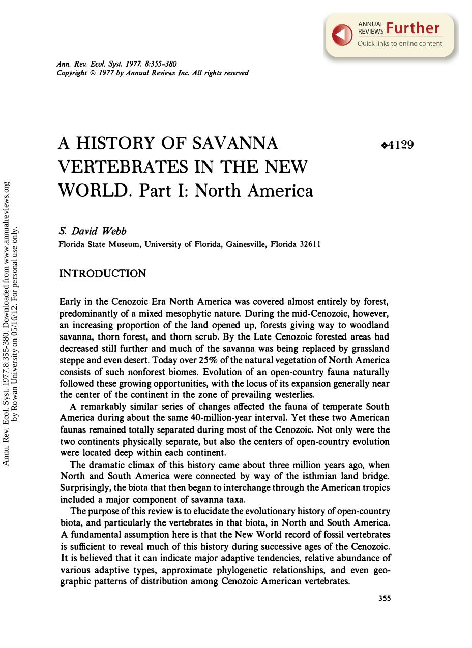 A History of Savanna Vertebrates in the New World. Part I: North America by S D Webb
