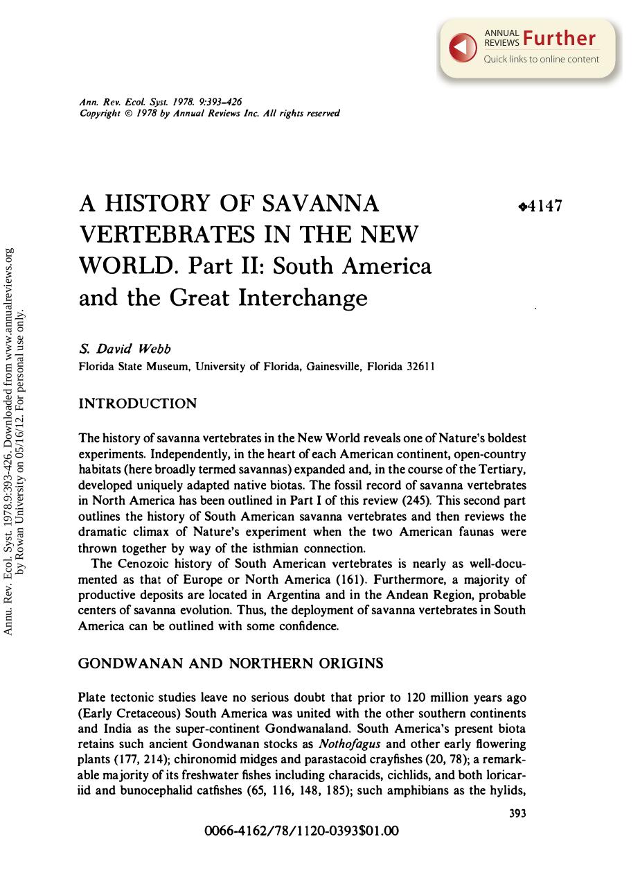 A History of Savanna Vertebrates in the New World. Part II: South America and the Great Interchange by S D Webb