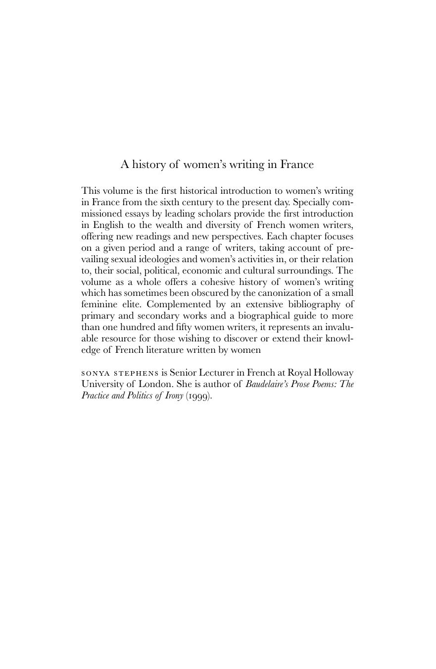 A History of Women's Writing in France by Sonya Stephens