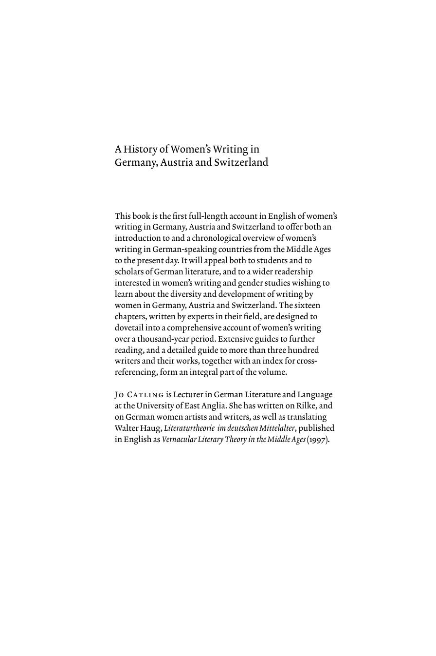 A History of Women's Writing in Germany, Austria and Switzerland by J.M. Catling