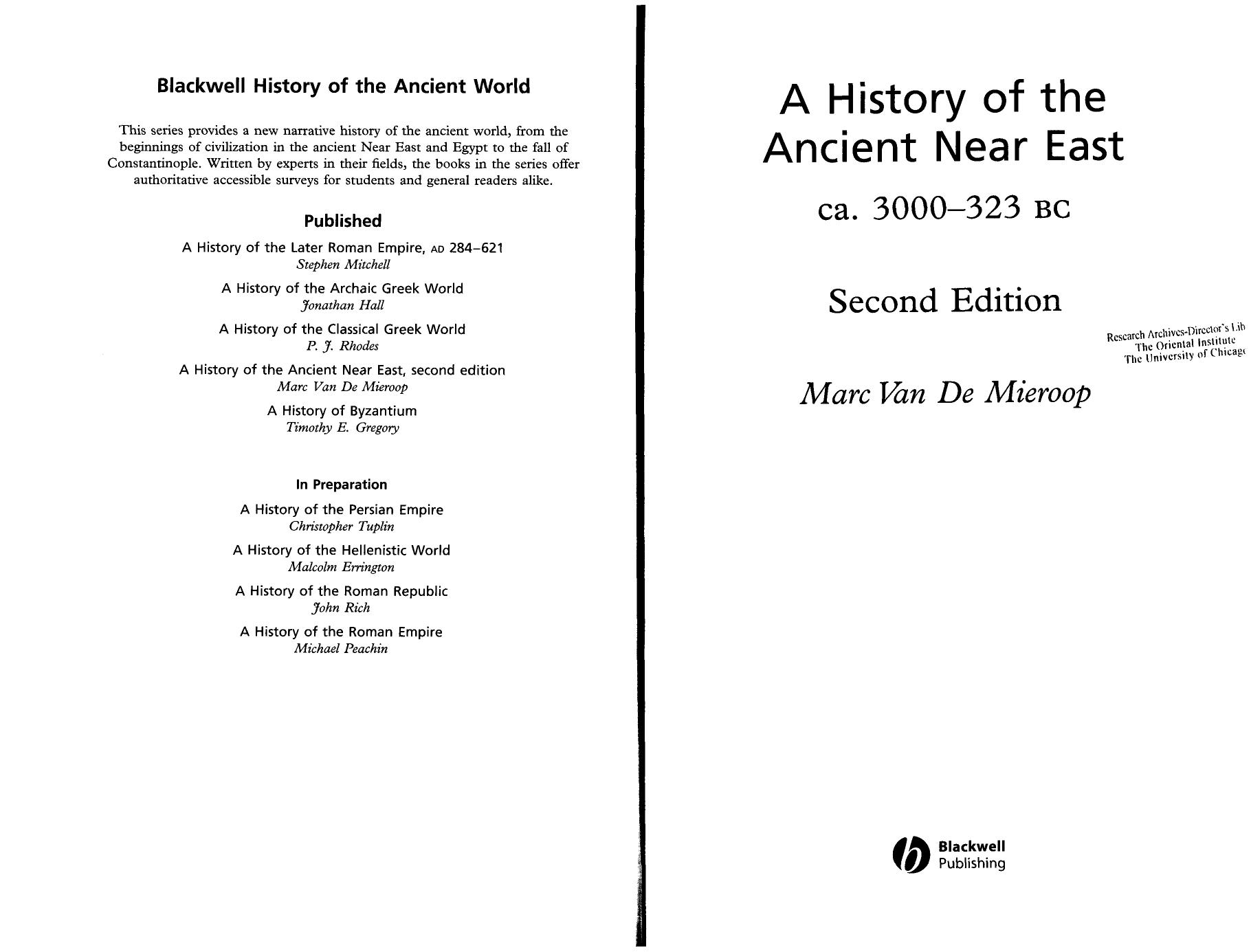 A History of the Ancient Near East: Ca. 3000-323 Bc by Unknow