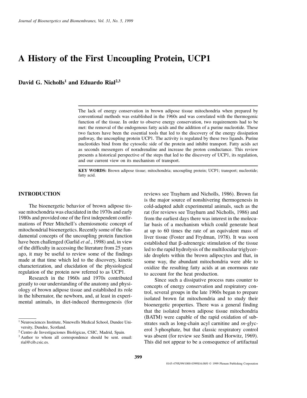 A History of the First Uncoupling Protein, UCP1 by Unknown