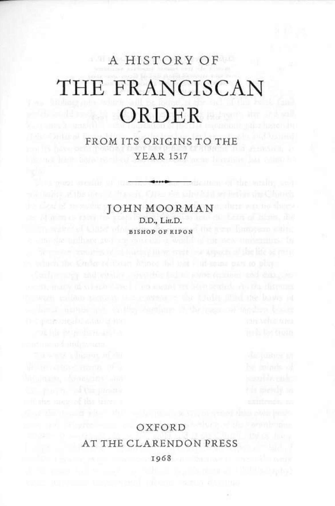 A History of the Franciscan Order from Its Origins to the Year 1517 (Oxford University Press Academic Monograph Reprints) by John Moorman