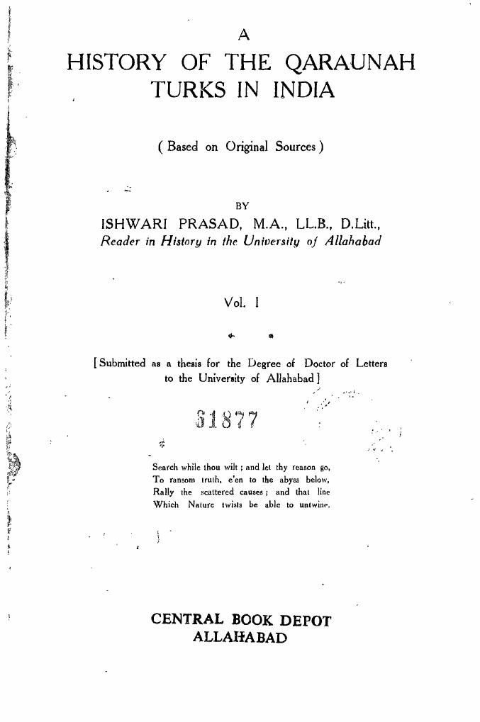 A History of the Qaraunah Turks in India by Iswari Prasad Upadhyaya Ishwari Prasad